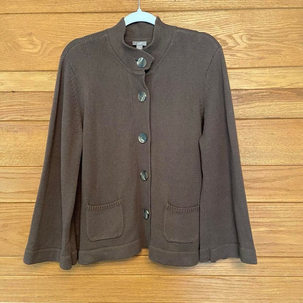 J.Jill high mockneck big button front cardigan sweater bell sleeves.